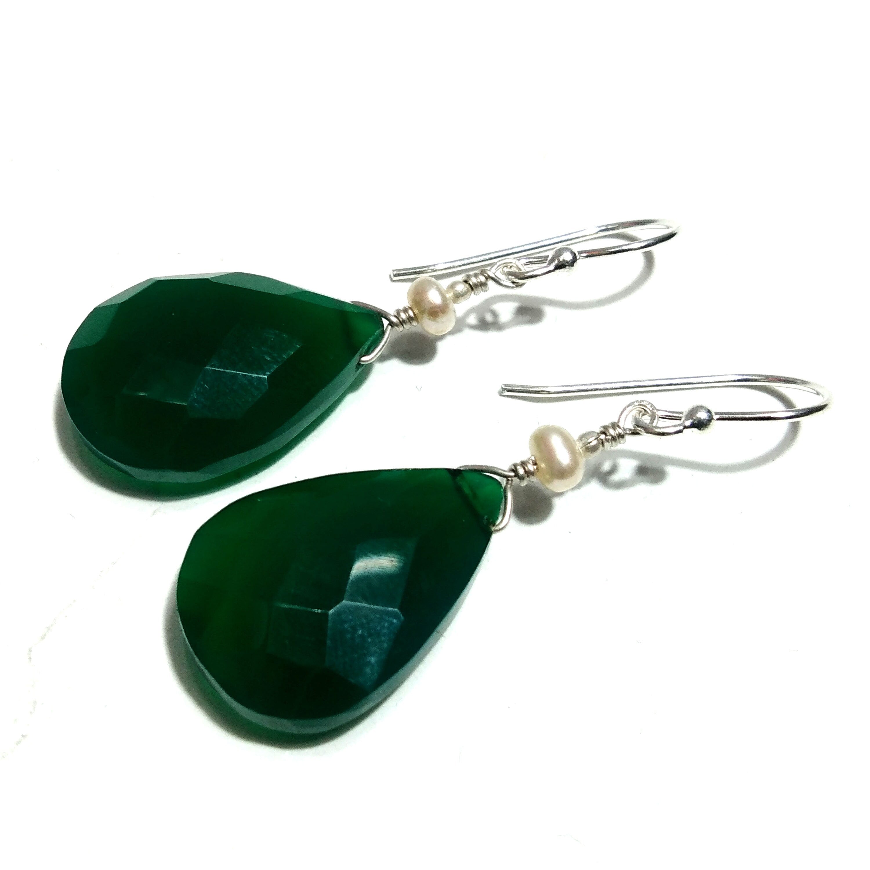 Very Beautiful Nice Earring, Green Onyx & Pearl Earring, 925 Starling Silver Handmade Making Earring, Gemstone Earring Gift For Girls/Women